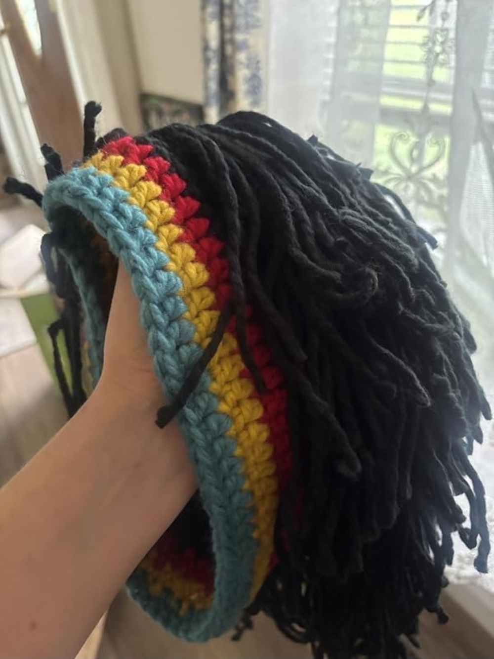 Handmade Black Yarn Dreadlock Beanie with Blue, Yellow & Red Trim